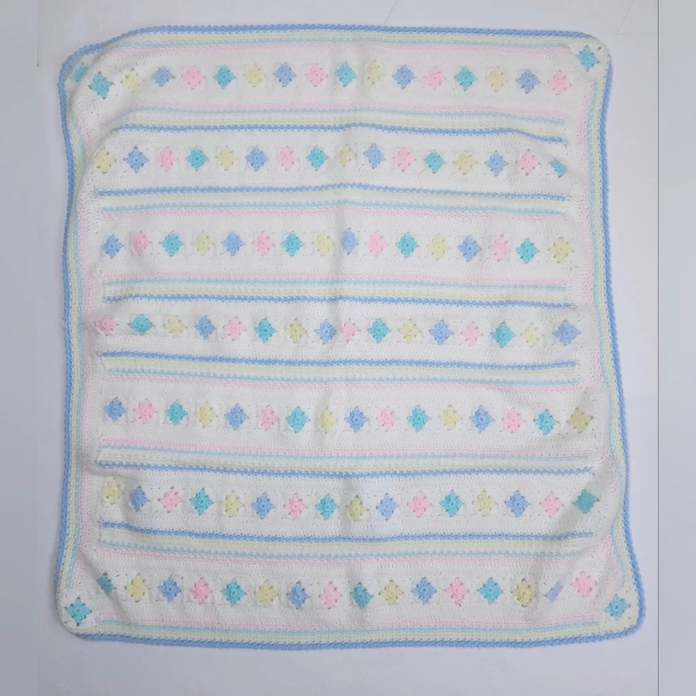 Handmade White And Pastel Pink Blue Yellow 30x33 Inch Crib Baby Blanket